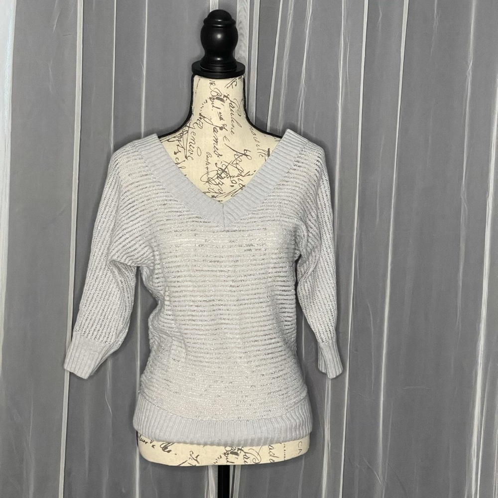 Express women’s light gray, 3/4 sleeve, V-neck sweater with silver